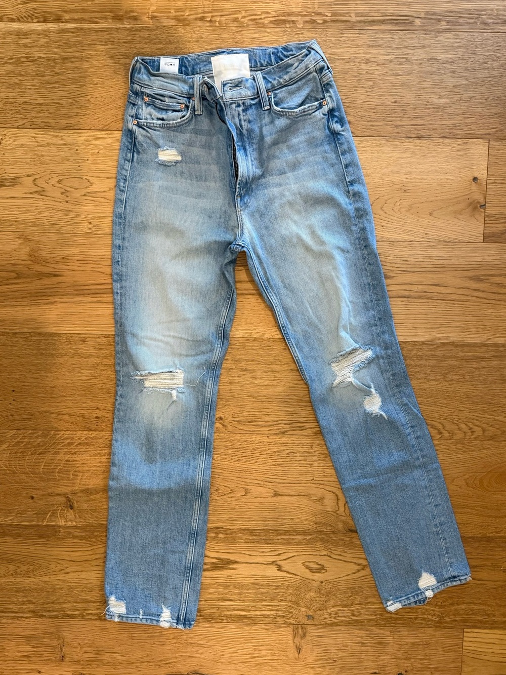 MOTHER Light Blue Straight Leg Distressed Jeans